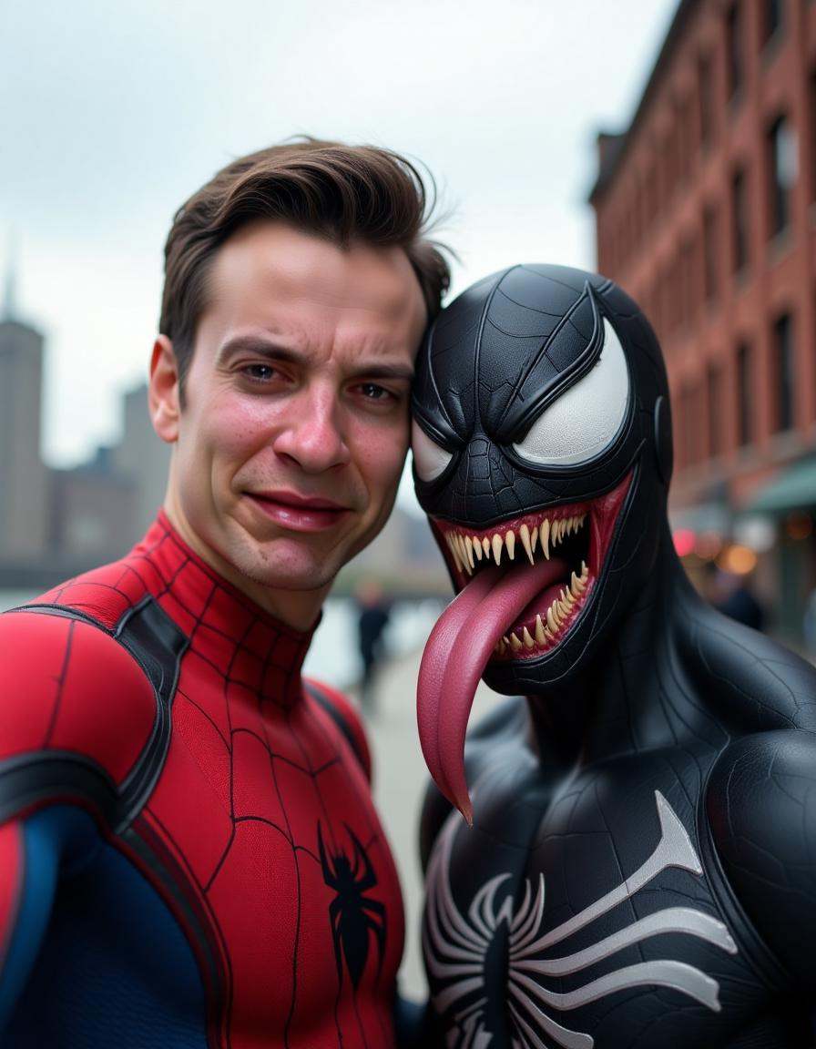 Man and Venom with long tongue taking a selfie together,  in front of th Brooklyn Bridge,  taken by Kodak MC3 camera on Te...