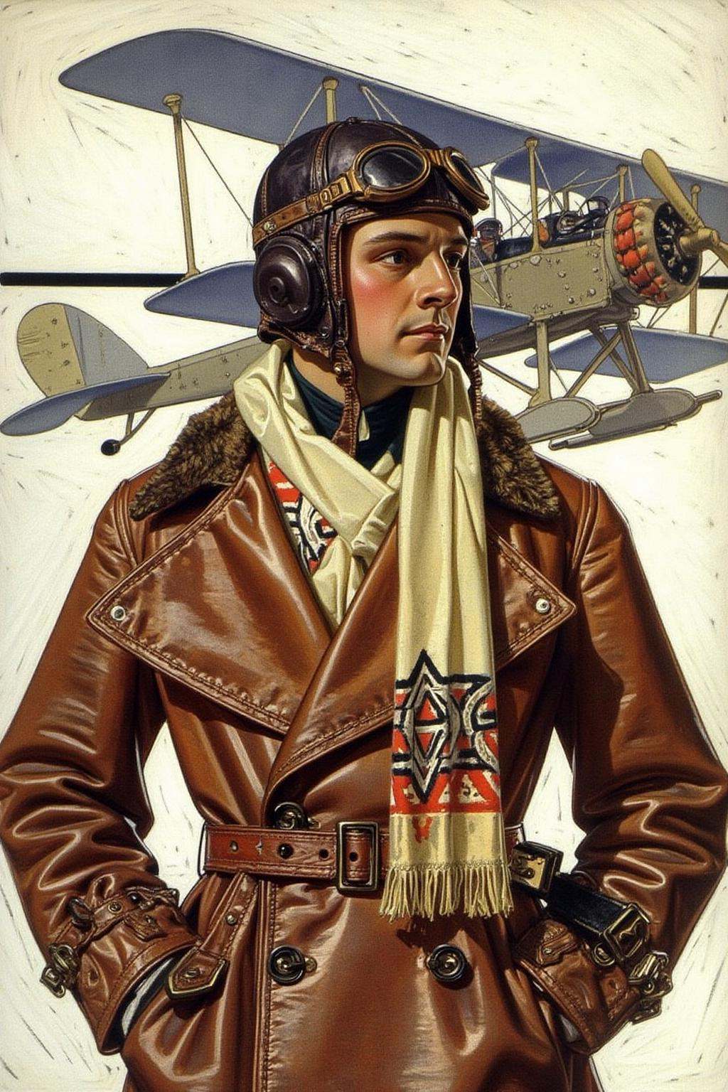 jcleyen1 painting.A man from the 1920s,  dressed in a brown,  worn leather pilot's coat with a fur-lined collar on Tensor.Art