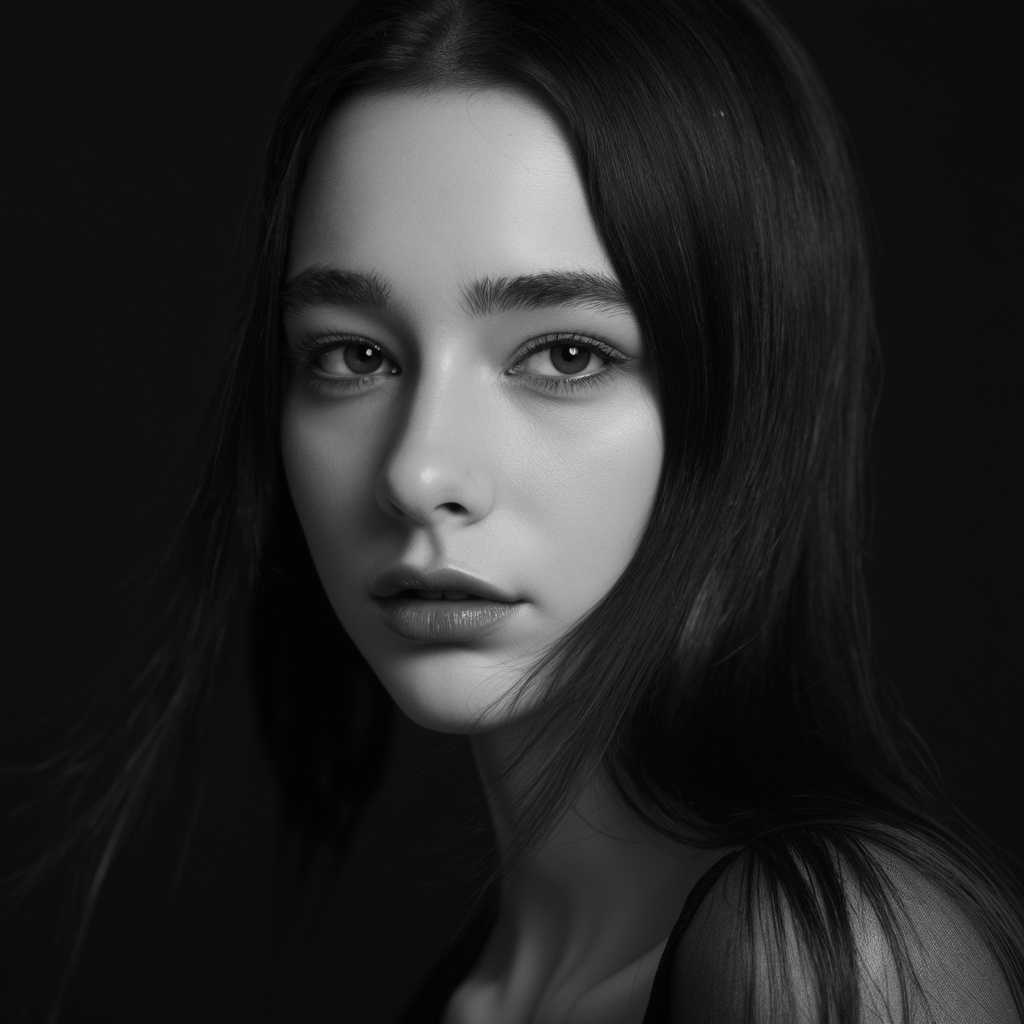 A close-up portrait of dasha_taran with long,  dark hair. The dark background emphasizes the subject's face and hair,  cre...