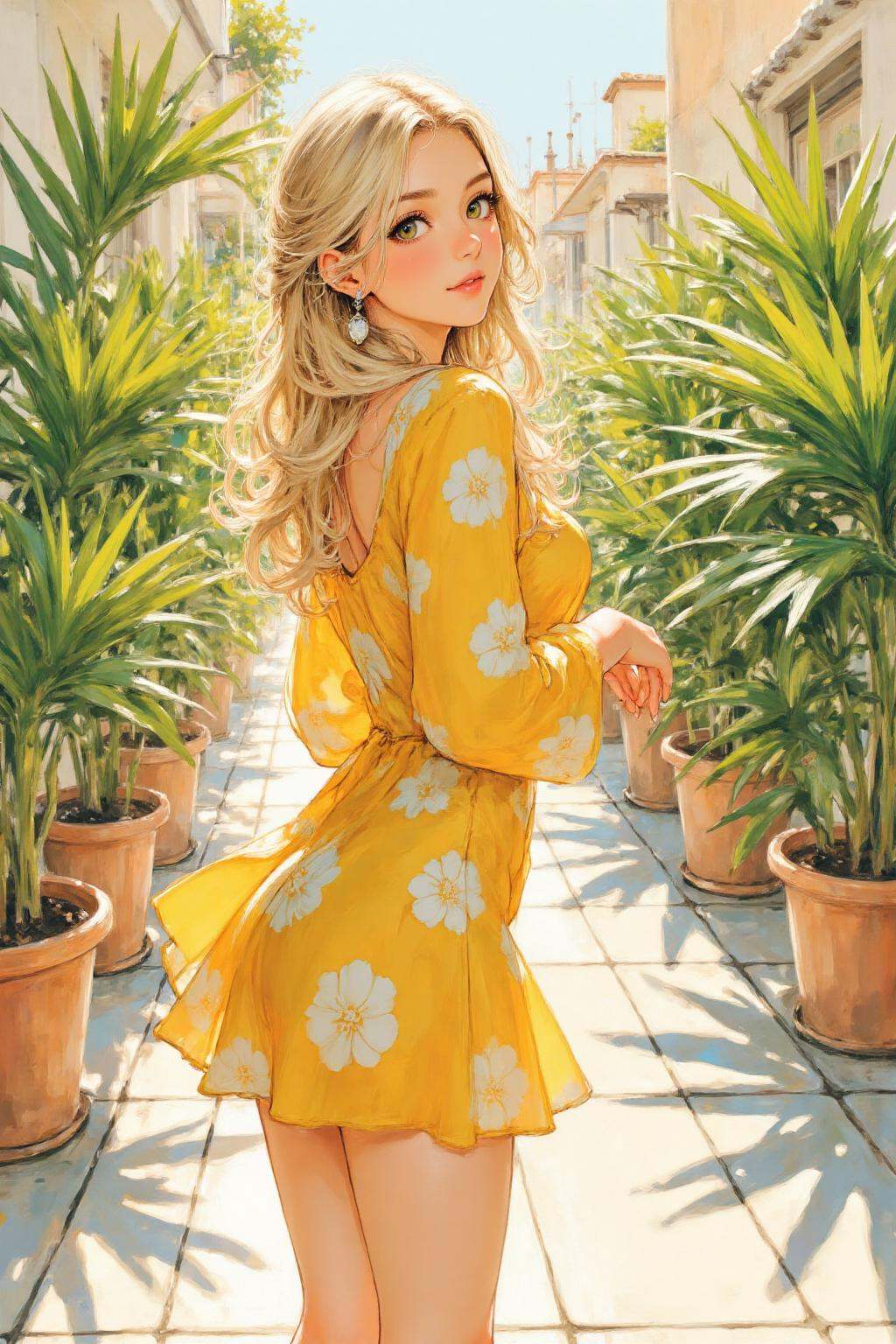 nijiwatercolor2 anime illustration.A young woman with long,  wavy blonde hair,  wearing a yellow dress adorned with white...