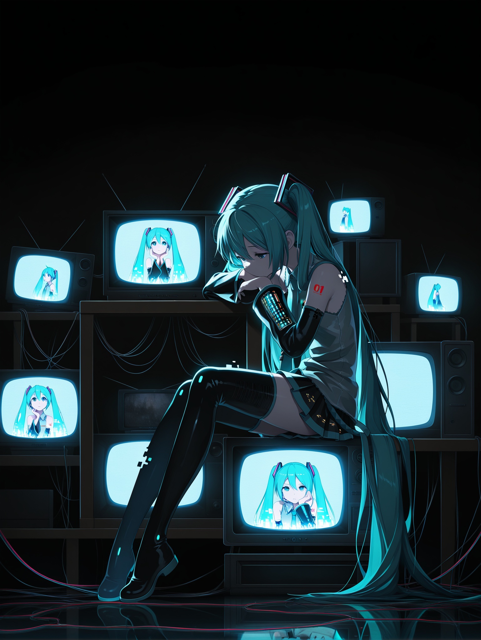 1girl,hatsune miku, sitting,monitor,head rest, television, screen light, glitch,[(digital dissolve,dissolving :1): (digital dissolve,dissolving :1.3):15], sitting on box, dark, night,wire,simple dark background, reflection,,masterpiece,best quality,amazing quality,