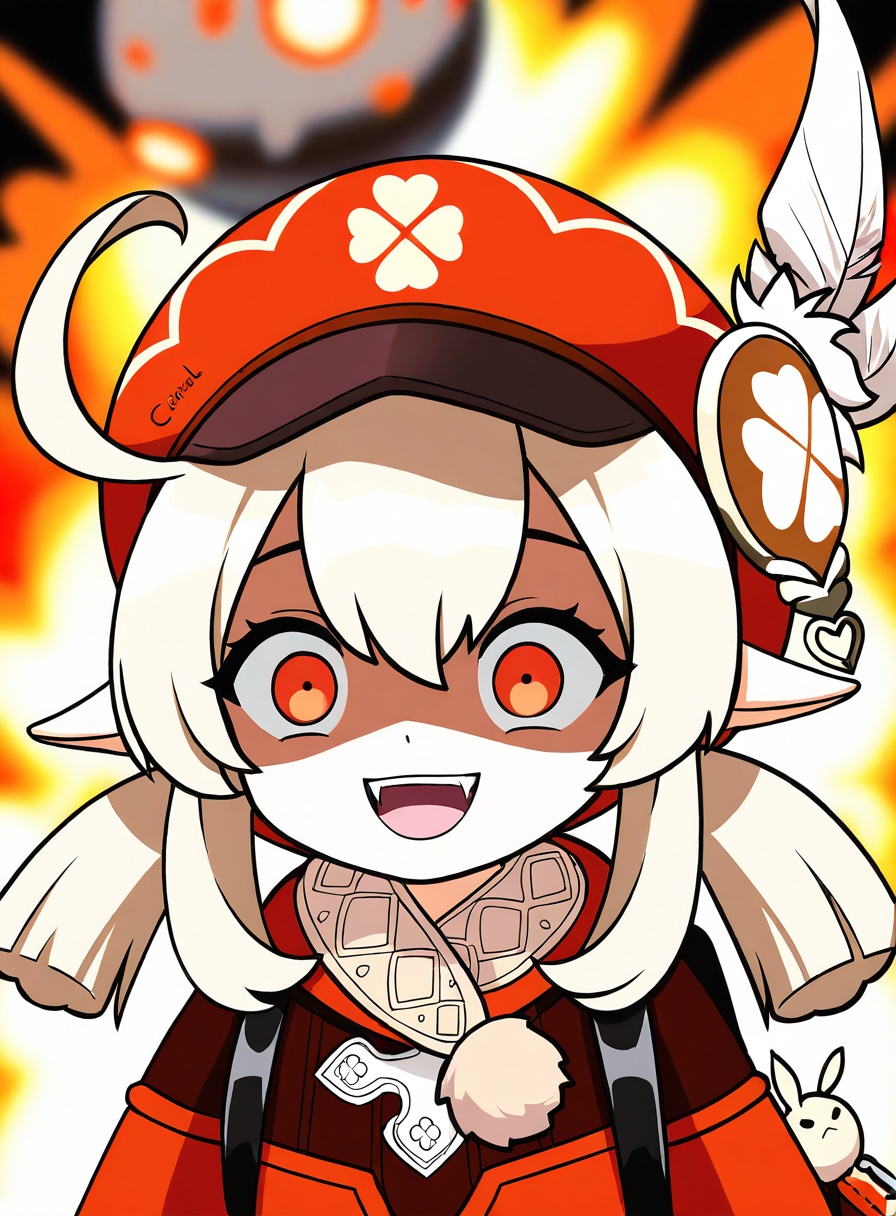 1girl, klee \(genshin impact\), genshin impact, long hair, twintails, ahoge, bangs, pointy ears, hair between eyes, hat, low twintails, red headwear, cabbie hat, sidelocks, light brown hair, hat ornament, red eyes, orange eyes, blonde hair, crazy eyes, :d, blurry foreground, explosion, explosive, open mouth, pig, charm (object), blurry, bag, hat feather, smile, shaded face, fangs, depth of field, evil smile, meme, clover, backpack, artist name, bomb,masterpiece, newest, absurdres, safe
