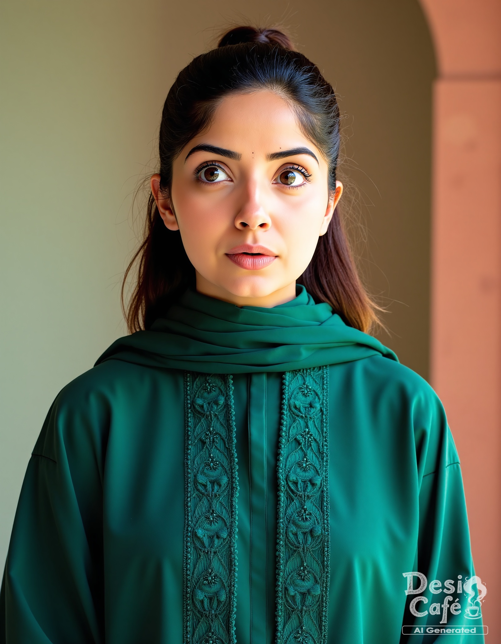 from front photo of Kashmira Pardeshi woman,  hyper realistic photo that is safe for work,  expression of wonderment with...