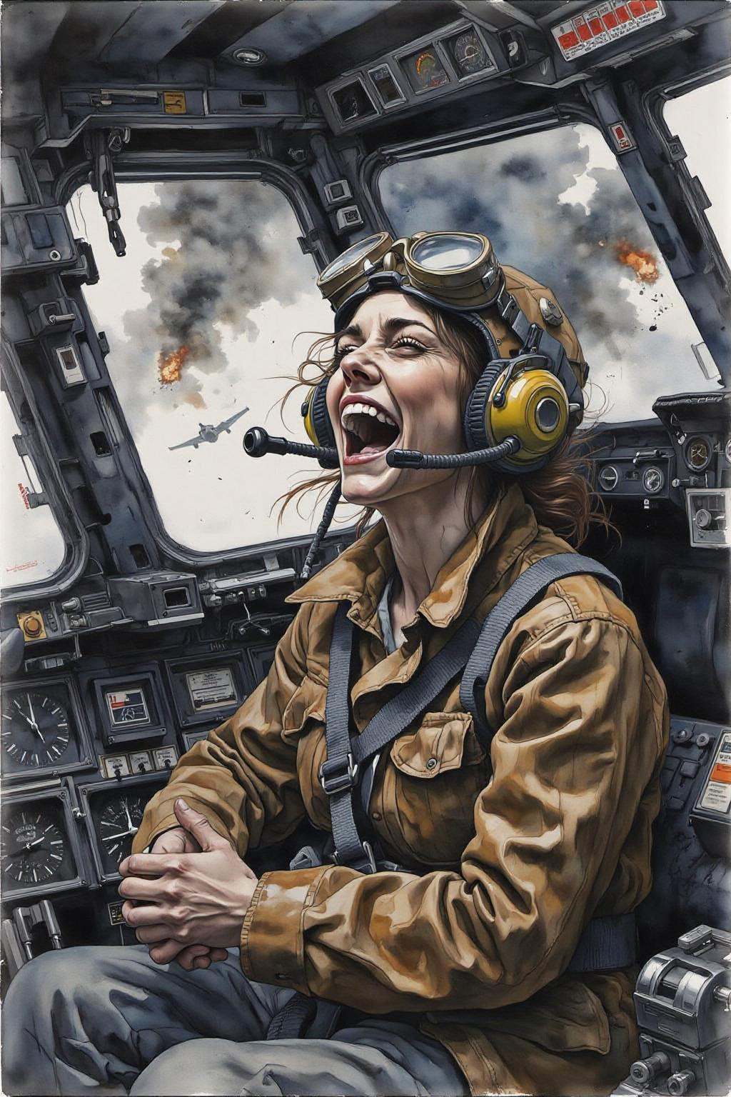yawc1 watercolor. a female pilot screaming inside the cockpit of a WWII bomber. The pilot,  wearing a vintage leather flig...