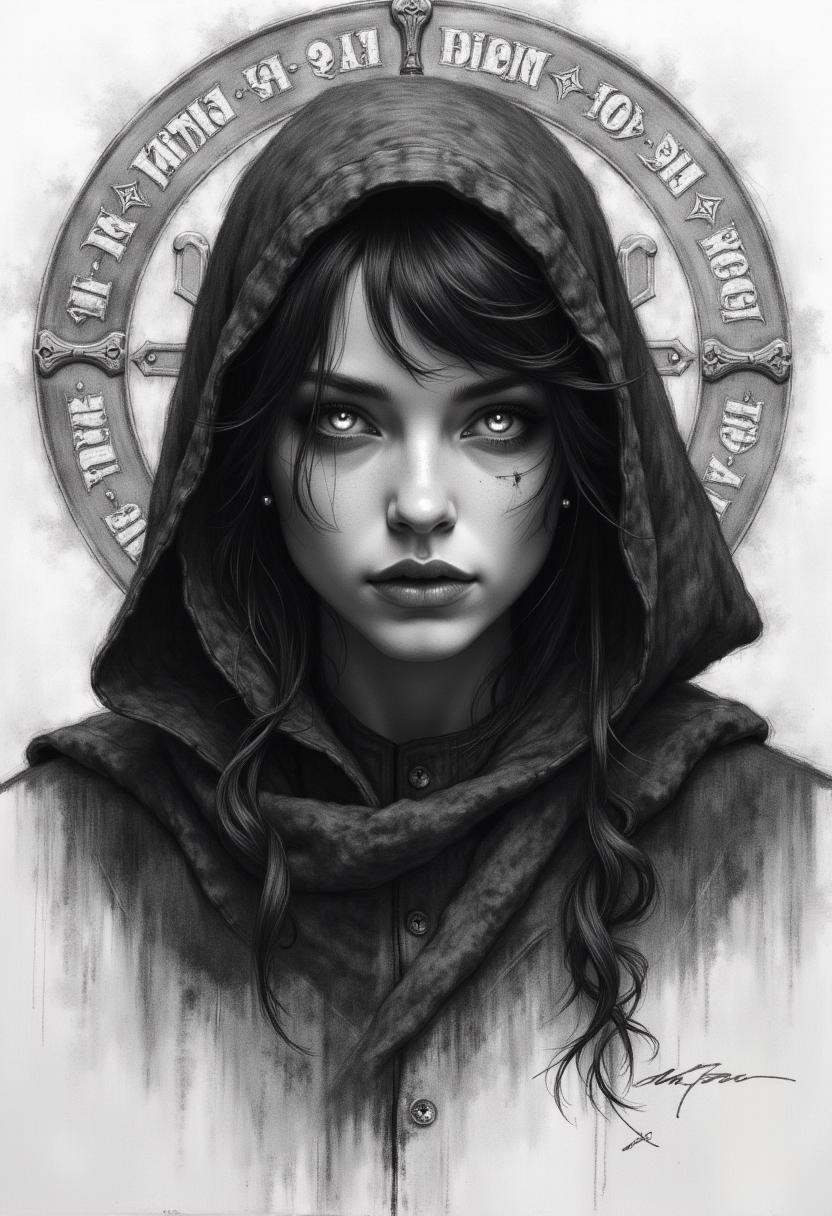 Charcoal drawings of a ghostly female . Prophet of Chaos Gods. Undead. barbarian armor Canvas hoods. seductive. eroticism....