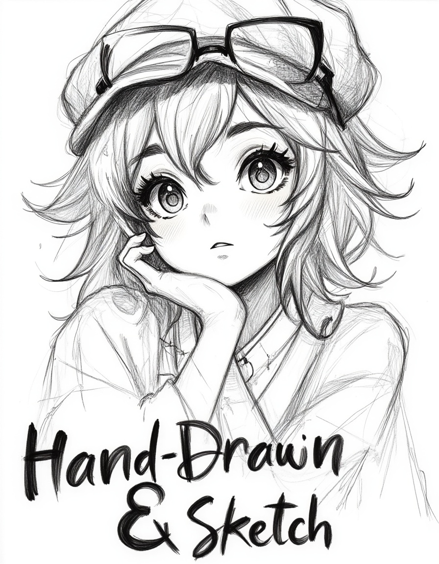 pencil drawing of an Expressive,  high-contrast black and white pencil drawing of a cute smiling womanwith a stylist hat a...