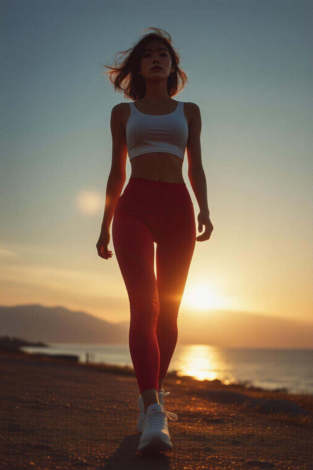 midjourneylowangle11q Low angle shot. Asian woman is walking outdoors during sunset. She is wearing a white crop top and r...