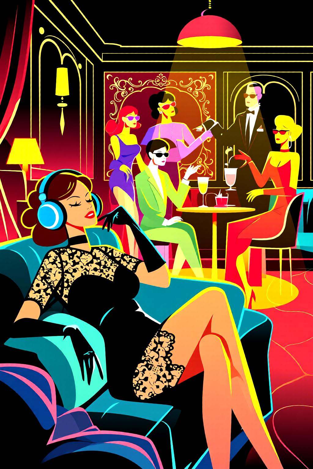 flatcolorvectorart2q illustration.A luxurious,  dimly lit lounge set in 1970s Italy,  exuding vintage charm and opulence....