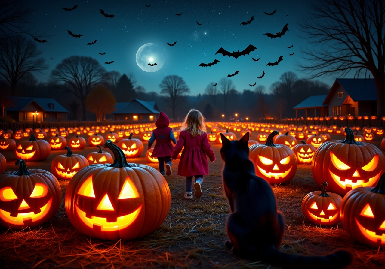 A pumpkin patch under starlight: Rows of jack-o’-lanterns light up the field,  their carved faces flickering with inner fl...