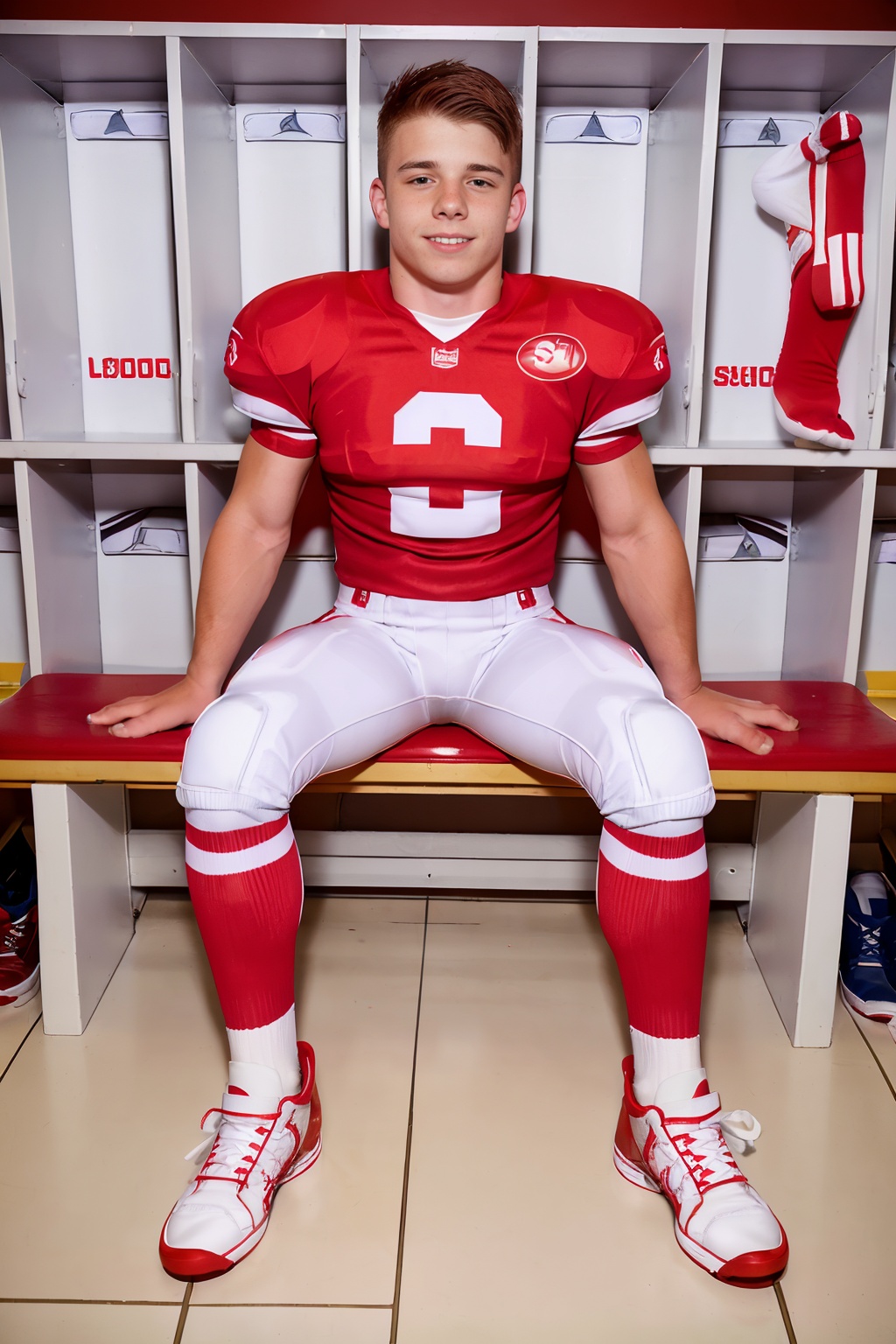 locker room,  sitting on a bench,  in front of lockers on Tensor.Art