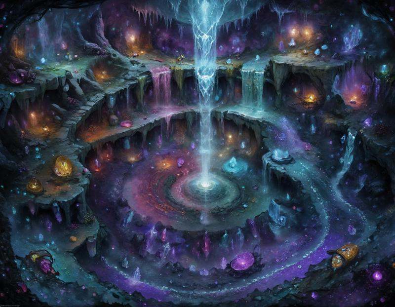 A vast underground cavern filled with glittering crystals of various colors. The walls shimmer with a soft glow,  and the...