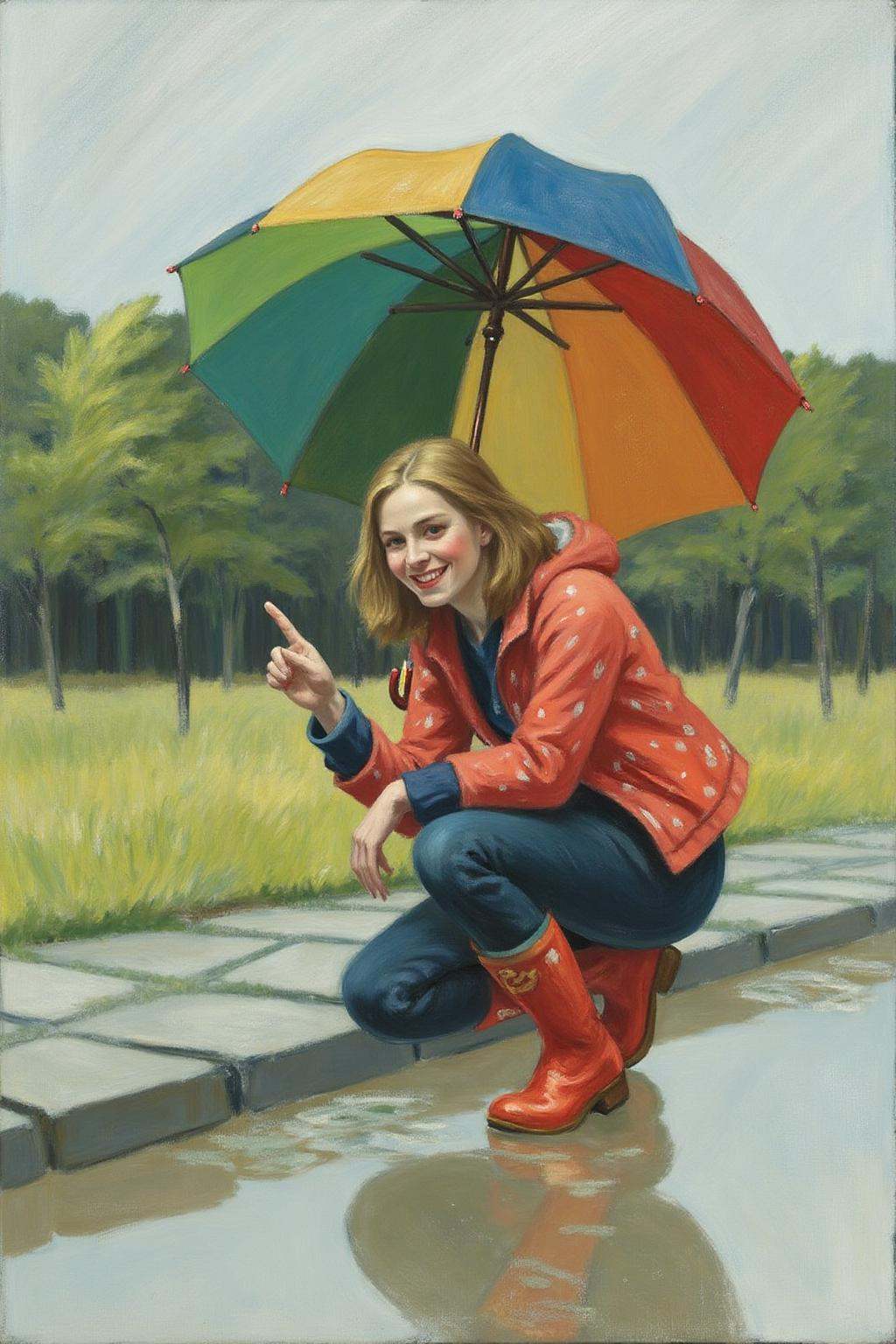 edwardhopper1 painting. A young woman,  angled from slightly above and to the right,  crouching low to the ground in a pud...