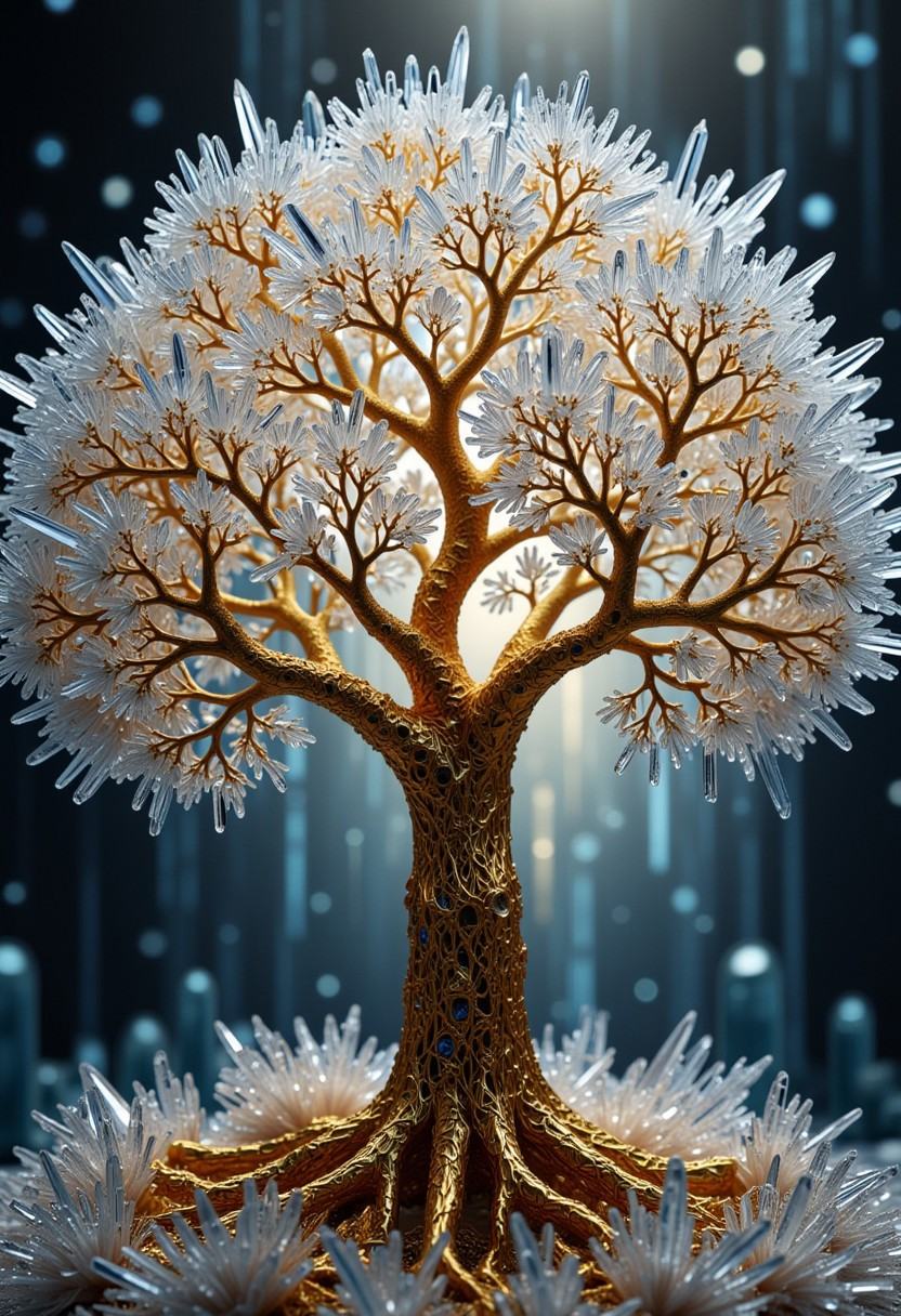 The image is a high-resolution CGI rendering of an ethereal,  fantastical scene. It features a majestic tree with a gnarle...