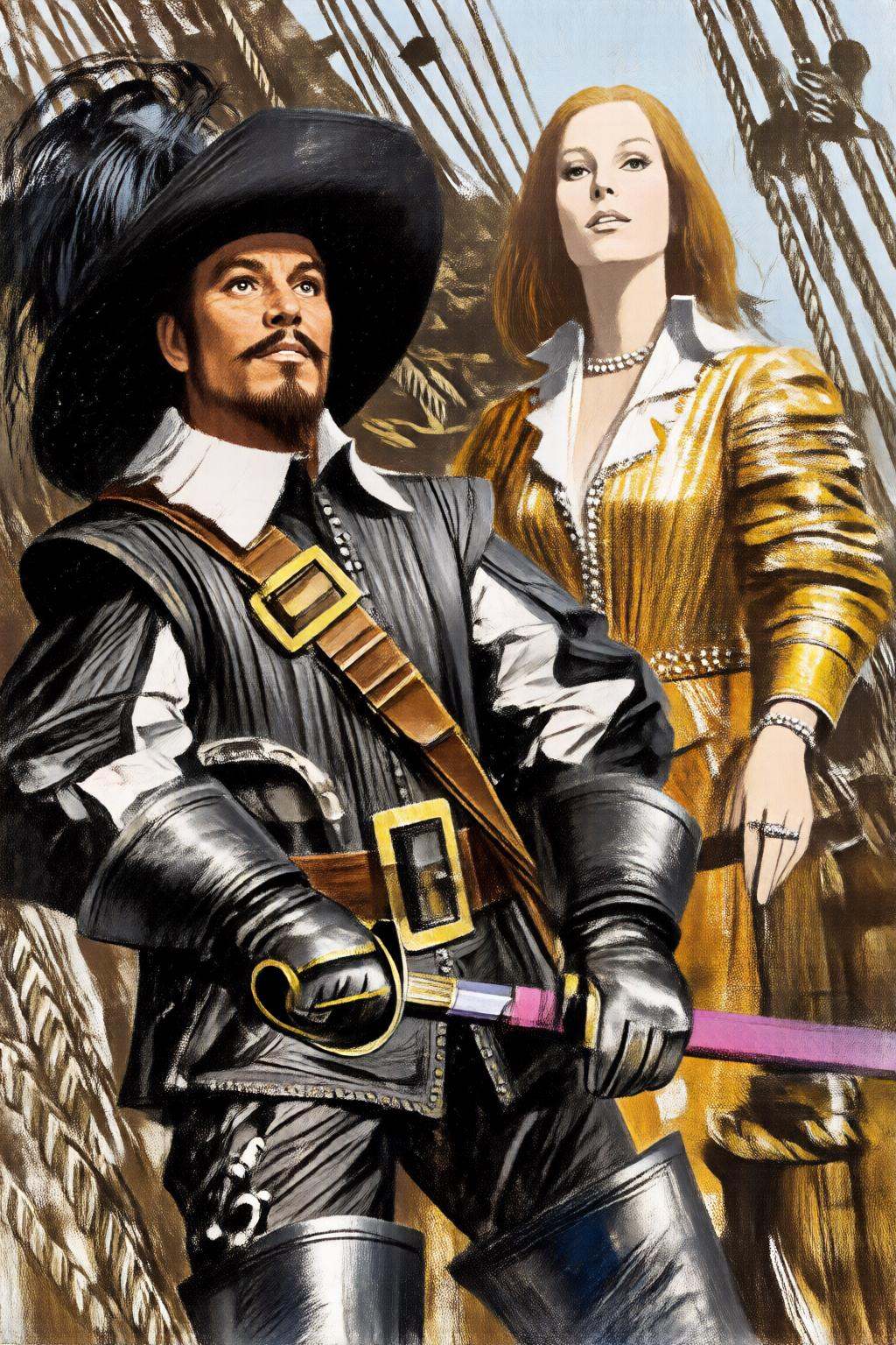 giannirenna2q illustration. A man and a woman aboard a ship. On the left stands a man with a mustache and trimmed beard,...