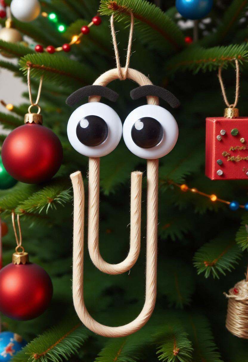 Photograph of a festive,  whimsical,  handmade Christmas decoration in the form of clippy with googly eyes on Tensor.Art