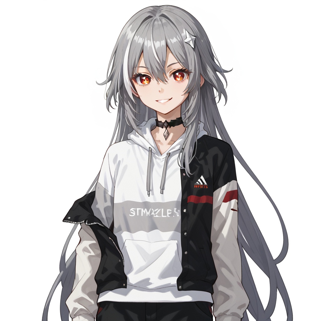 (white background:1.2),looking at viewer,(SOLO:1.4),outline,simple background,upper body, cowboy shot,looking at viewer,(((arms at side))),   fu hua,senti,long hair,bangs,hair ornament,red eyes,hair between eyes,smile, multicolored hair,streaked hair,white hair,gray hair,yellow pupils,diamond shaped pupils,sneakers,black pants,shirt,jacket,black choker,white hoodie,<lora:shizhuang-pony:0.8>