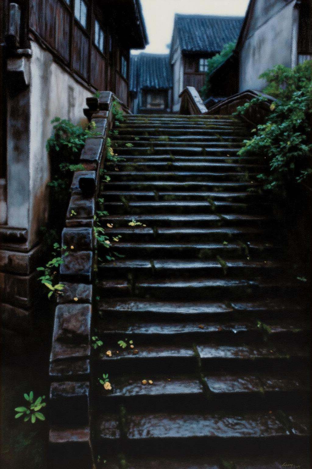 chenyifei2 painting.An old stone staircase in a traditional village in Southern China. The staircase is made of weathered,...