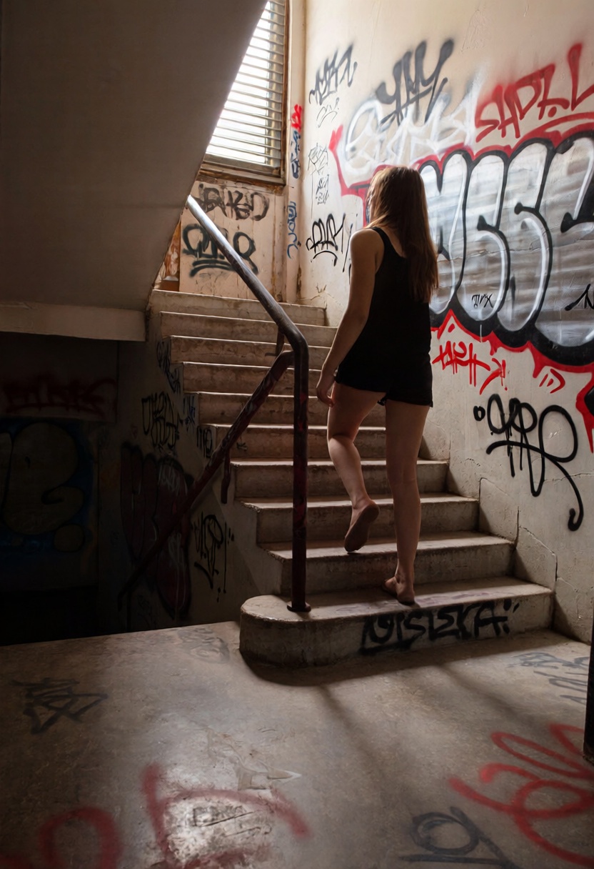 a photograph taken from a low angle,  looking up at a set of stairs covered in graffiti,  the stairs are made of concrete...