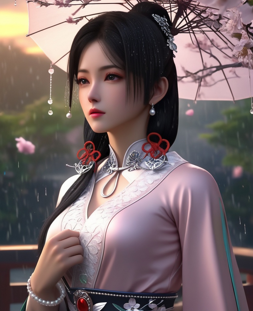 <lora:843-DA-XL-元龙-宋嫣:0.8>, (,1girl, ,best quality, ),,  ,,ultra detailed 8k cg, ultra detailed background ,ultra realistic 8k cg,          cinematic lighting, cinematic bloom, (( , )),,  , unreal, science fiction,  luxury, jewelry, diamond, pearl, gem, sapphire, ruby, emerald, intricate detail, delicate pattern, charming, alluring, seductive, erotic, enchanting, hair ornament, necklace, earrings, bracelet, armlet,halo,masterpiece, (( , )),, realistic,science fiction,mole,   ,cherry blossoms,,(((Best quality, masterpiece, ultra high res, (photorealistic:1.4), raw photo, 1girl, ,rain, , sunlight, sunset, qianqiu wanxia,     )))  (cleavage),,  (),