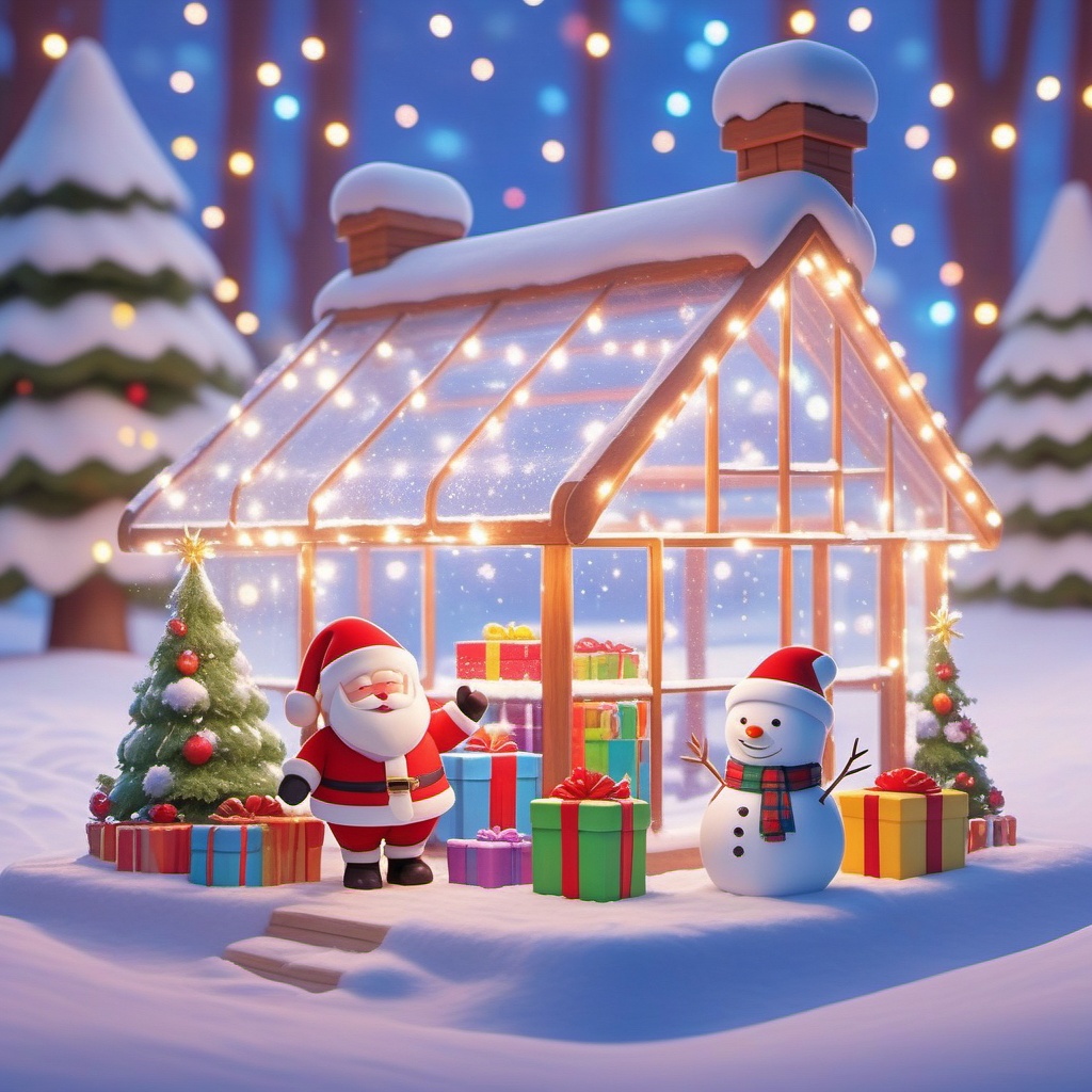 shengdan, A cozy, snow-covered winter scene with a cute little snowman sporting a red hat and plaid scarf, chilling next to a wooden shed. Inside, Santa Claus, decked out in his classic red suit, is busy handing out colorful wrapped presents to a bunch of kids. The backdrop is a snowy forest with twinkling lights and snowflakes gently falling. The whole scene is warm, festive, and downright charming.,<lora:shengdan_v1-000016:0.8>