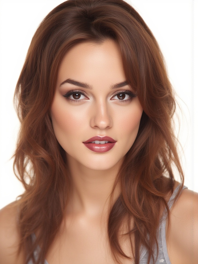 High quality realistic beauty shot photo of a gorgeous woman,  posing in a studio room. overhead lighting. hair lighting....