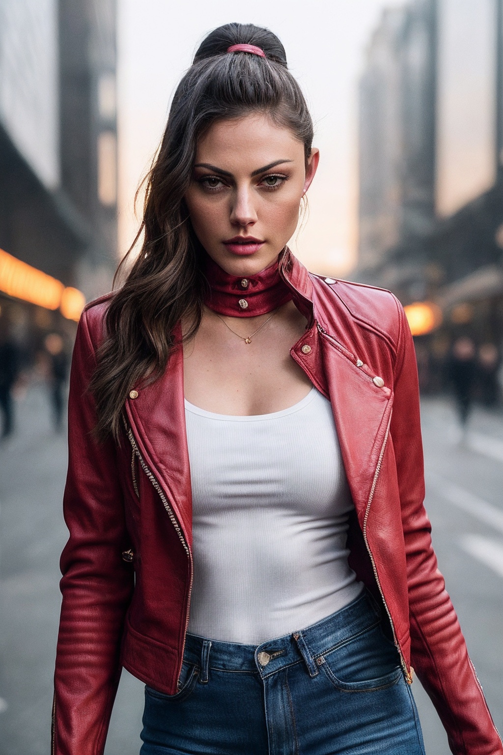 PhoebeT_SoloTI_v1,  (Clad in a vibrant red leather jacket over a fitted white turtleneck and distressed denim shorts,  her...