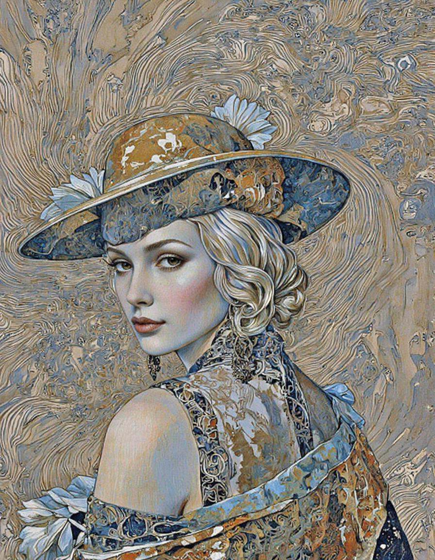 This image is a highly detailed,  digital illustration featuring a woman with a striking,  sophisticated appearance. She h...