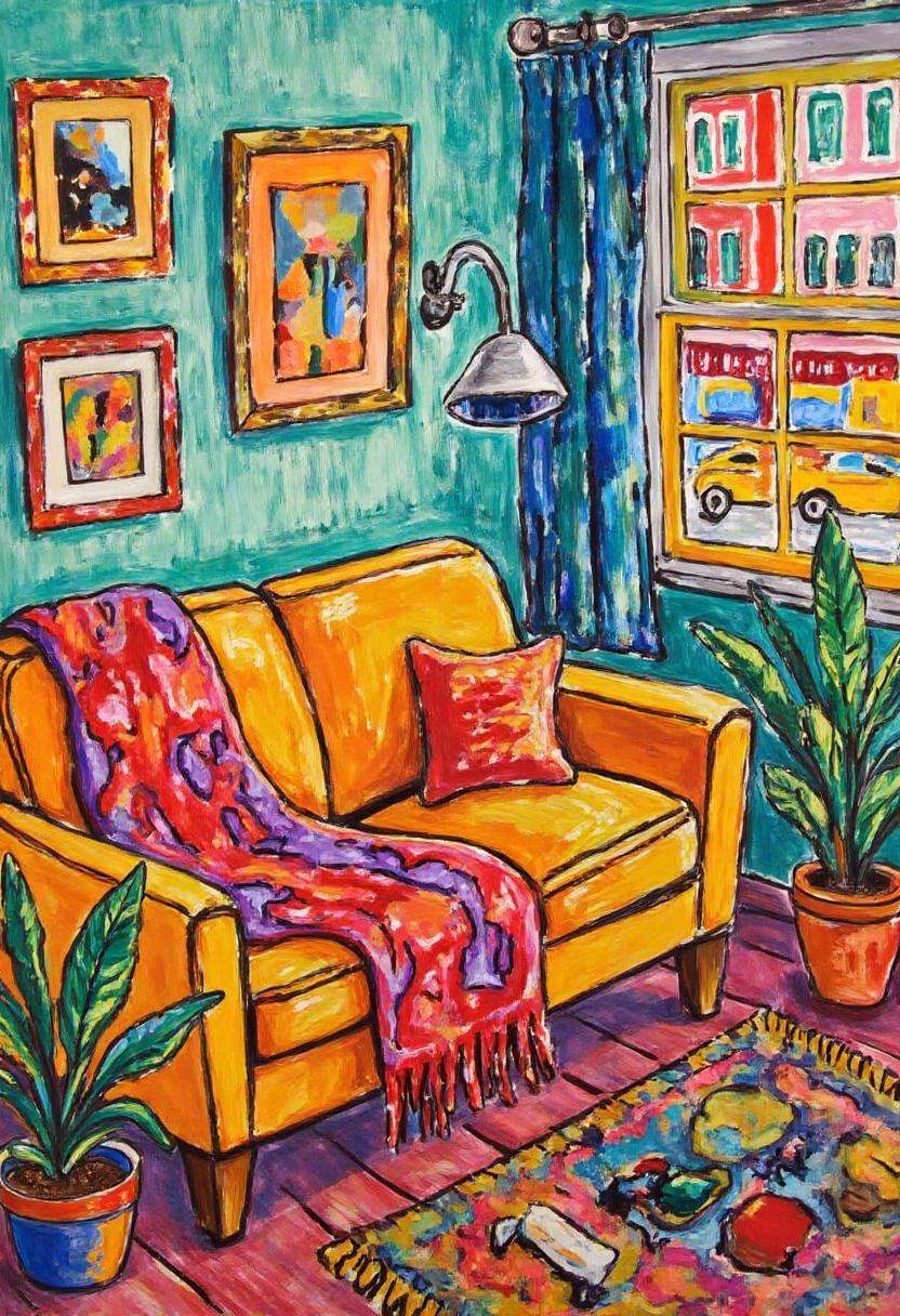 Fauvism Facilitator,  Illustrate a cozy living room scene with a warm yellow couch,  a red-and-purple throw blanket on Ten...