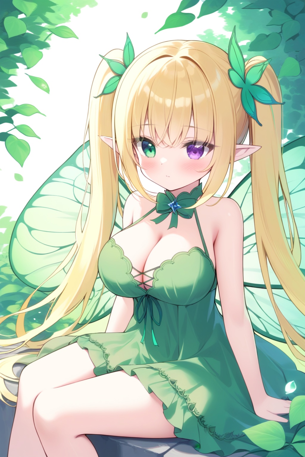 1girl, breasts, heterochromia, pointy_ears, solo, green_eyes, blonde_hair, cleavage, long_hair, wings, large_breasts, dress, green_dress, hair_ornament, sitting, blush, fairy_wings, purple_eyes, fairy, bare_shoulders, twintails, flower, closed_mouth, leaf