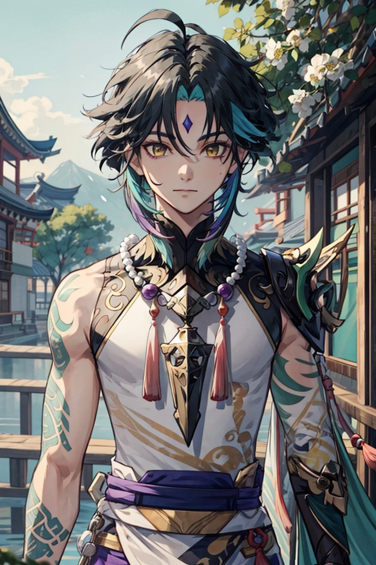 <lora:xiao:0.8>,xiao (genshin impact),1boy,solo,male focus,arm tattoo,(tassel),yellow eyes,diamond purple solid mark,forehead mark,multicolored hair,black hair,green hair,closed mouth,ahoge,green gloves,bangs,asymmetrical clothes,outdoors,looking at viewer,white flower,tree,upper_body,(bead_necklace:0.7),