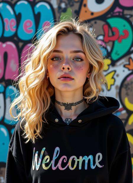 Text letters and words that says "Welcome" in playful pastel styling on a vibrant graffiti wall,  an anime girl in her 20s...
