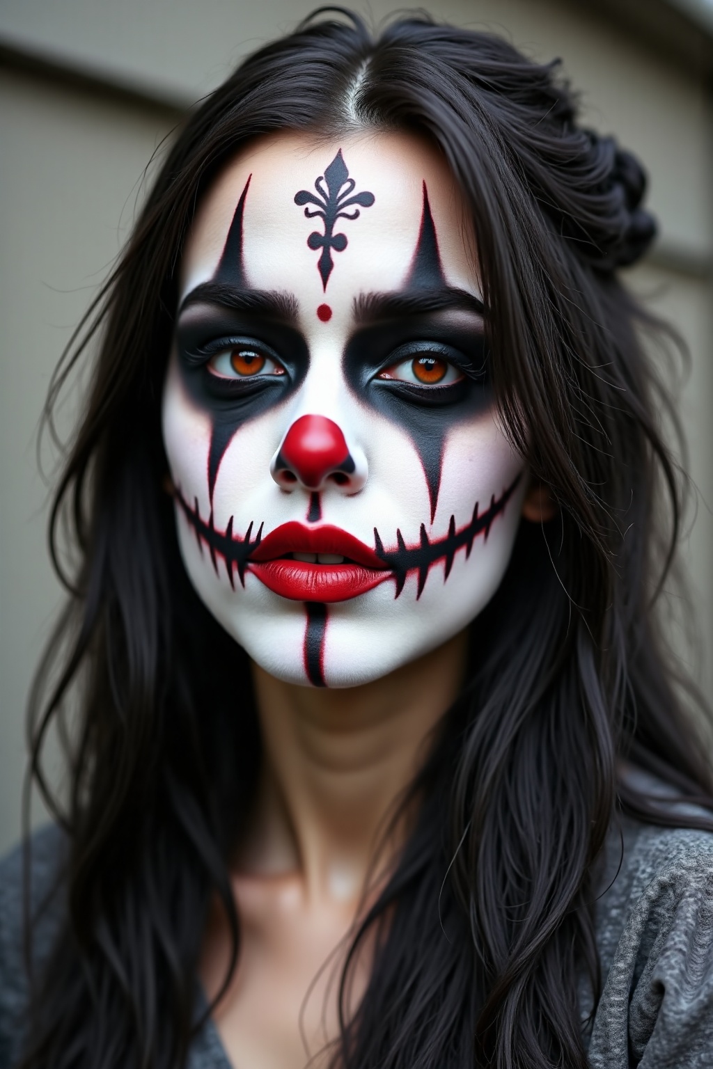 pr3ttyh0rr0r. beautiful woman with pr3ttyh0rr0r makeup with vertical eye makeup,  white face,  red lips on Tensor.Art