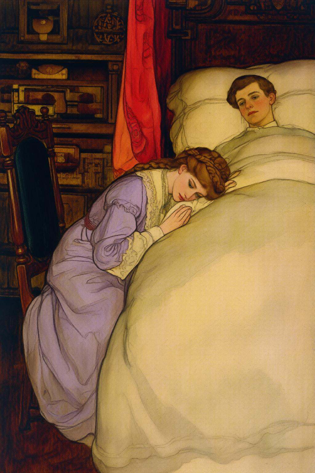 elizabethshippengreen2q illustration.A young woman and a man in a Victorian-era bedroom. On the right is a sick man lying...