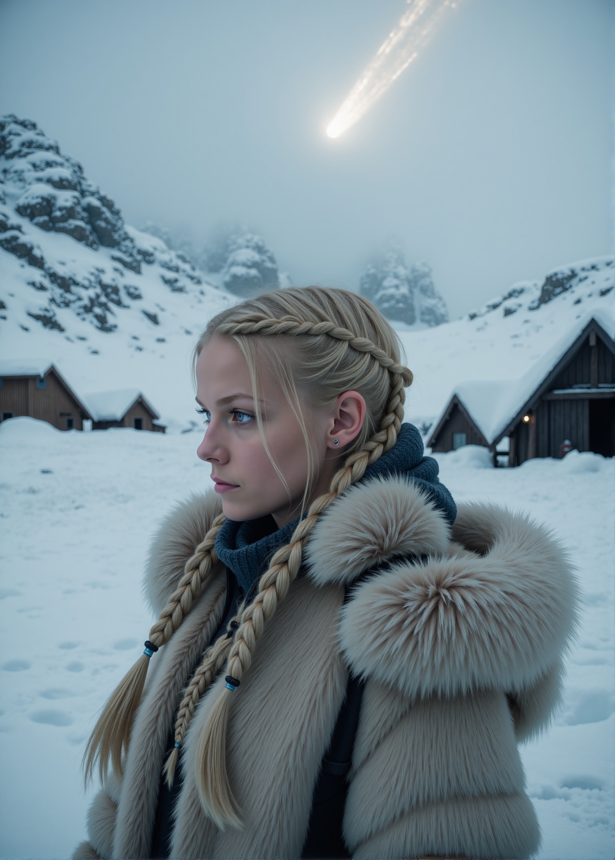 Blonde Hair,  21 years old,  . She is a Petite pretty Ice Age female standing in the snow. She has Braided hair and is Loo...