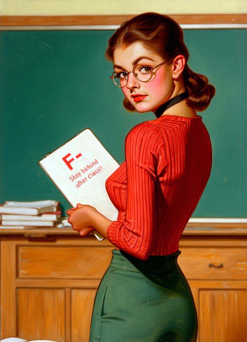 A cartoon illustration by j.c. leyendecker of a female teacher standing in a class room. She is looking over her shoulder...