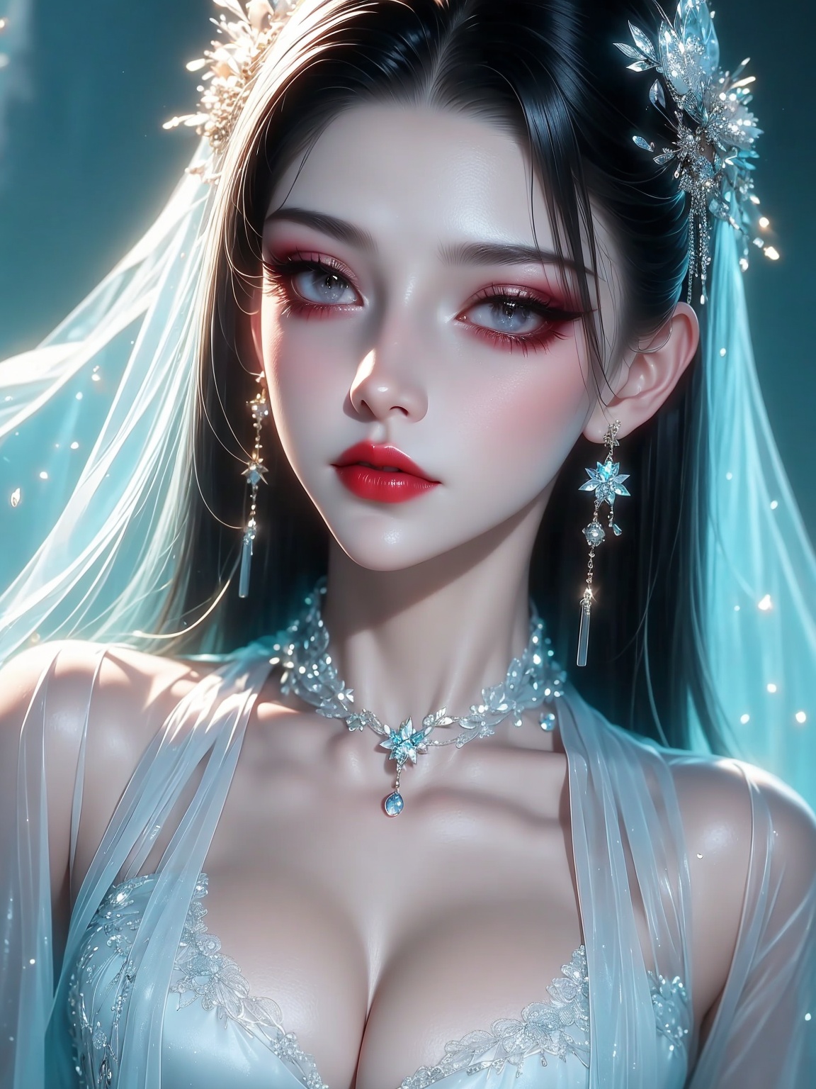 1 girl,,Diamond Earrings , see-through,headwear , , , with heavy makeup，red lips，Moisturizing red lips，Hanfu，eye makeup，breast，Dress，，Look at me ， <lora:2D国风汉服美女1.1:1>