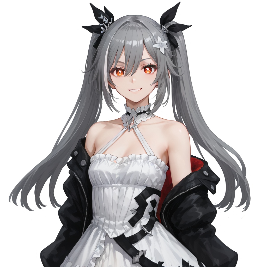 (white background:1.2),looking at viewer,(SOLO:1.4),outline,simple background,upper body, cowboy shot,looking at viewer,(((arms at side))),   fu hua,senti,long hair,bangs,hair ornament,red eyes,hair between eyes,smile, multicolored hair,streaked hair,white hair,gray hair,yellow pupils,diamond shaped pupils，dress,high heels,symbol-shaped pupils,black jacket,jacket,hair flower,boots,hair ribbon,choker,thighhighs,striped,twintails,white dress,off shoulder,bare shoulders,<lora:smw-pony:0.8>