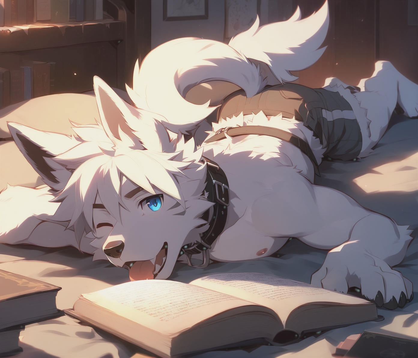furry, 1boy, solo, male focus, furry male, animal ears, tail, blue eyes, book, collar, lying, nipples, on stomach, shorts, dog boy, on bed, one eye closed, topless male, two-tone fur, white fur, tongue, bara, looking at viewer, dog ears, tongue out, bandages, pawpads, body fur, dog tail, open mouth, pectorals,body fur,