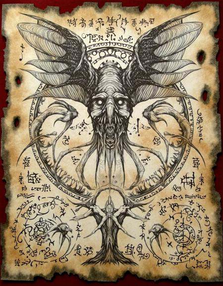 ncrnmcn,  A weathered page depicts a monstrous bird of prey with wings made of smoke. Its beak is open in a scream,  and i...