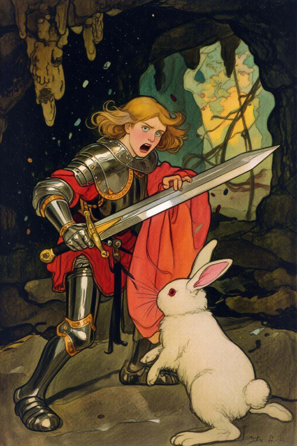elizabethshippengreen2q illustration.Closeup of a playful and chaotic scene of a blonde knight fighting a white rabbit. Th...