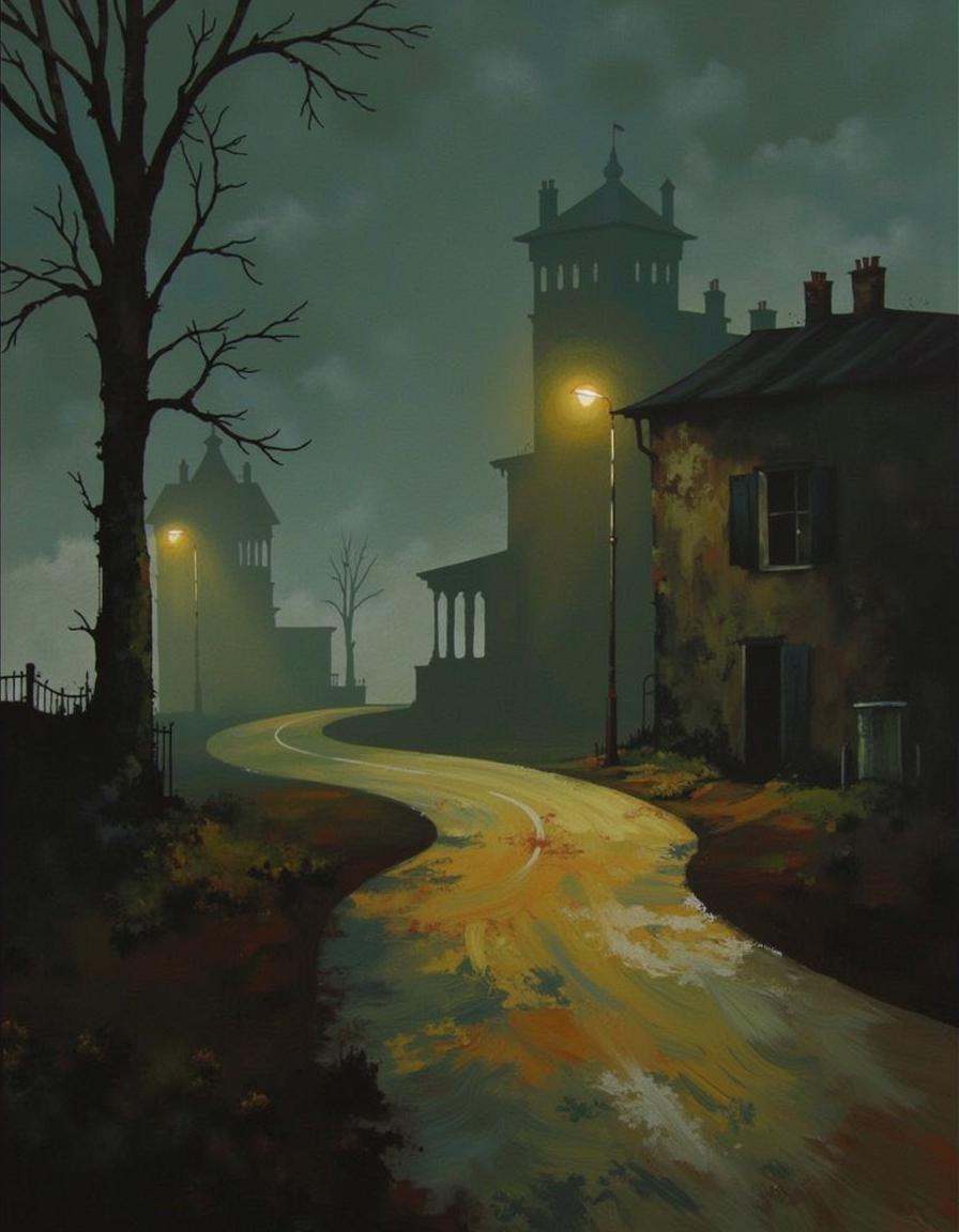 A modern abstract oil painting by Bruce Holwerda depicting a misty,  atmospheric street scene at night. The image is domin...