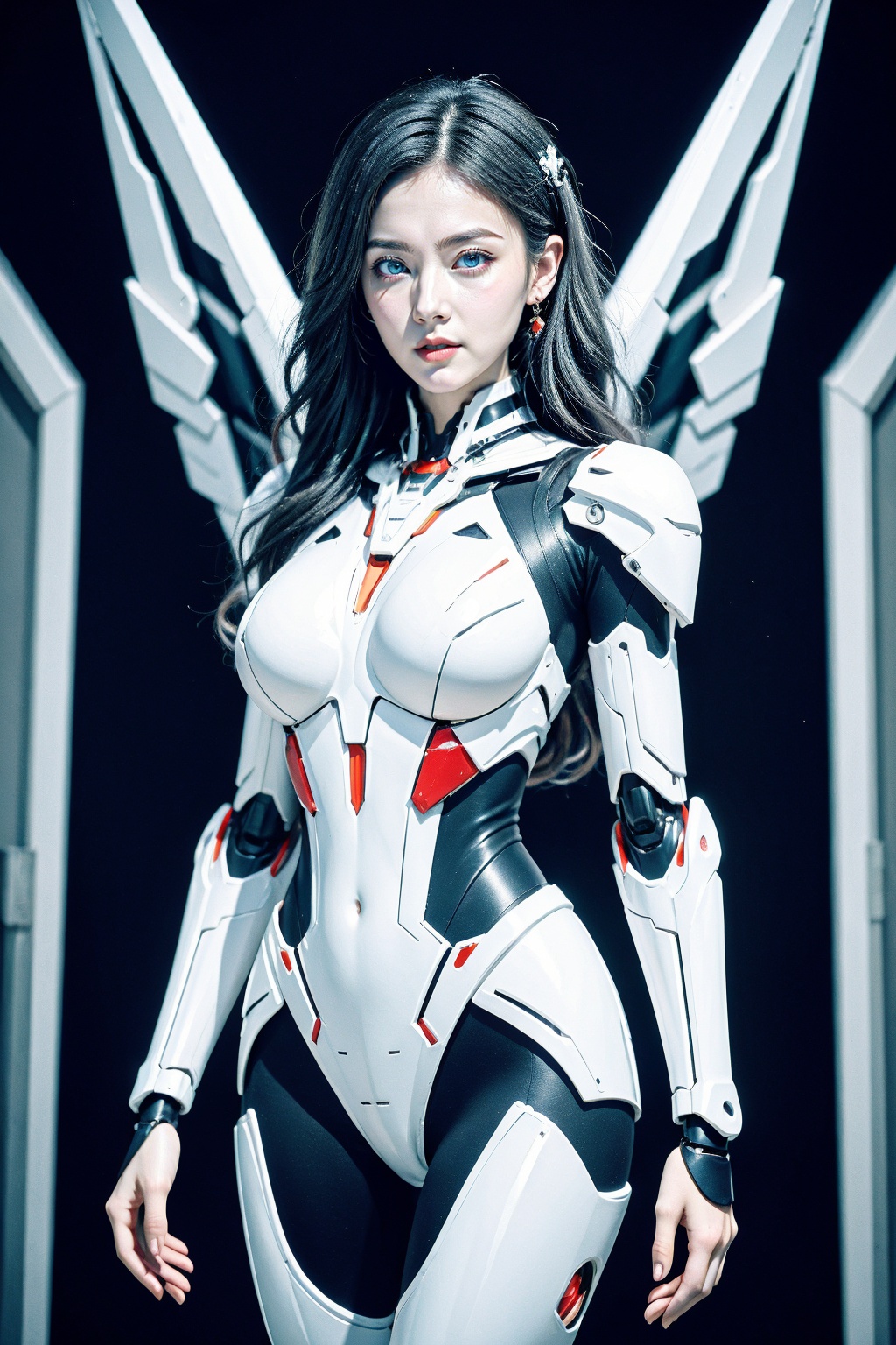 1girl, breasts, solo, long hair, navel, looking at viewer, large breasts, blurry, science fiction, blurry background, blue eyes, headgear, lips, earrings, cowboy shot, standing, mechanical arms, thighhighs, arms at sides, cyberpunk, mecha musume, parted lips, clothing cutout, white hair, bodysuit, cyborg, mechanical wings, armor, grey hair, android, realistic, red lips, depth of field, wavy hair, robot joints, artist name, joints, wings, grey eyes, single mechanical arm