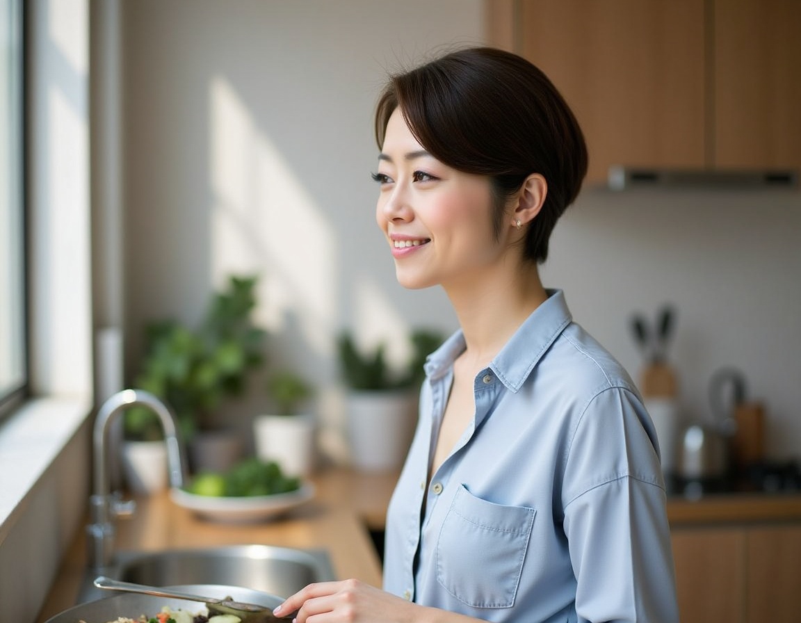 A serene kitchen scene featuring a young woman with short,  dark hair,  engaged in an intimate moment of cooking. The sett...