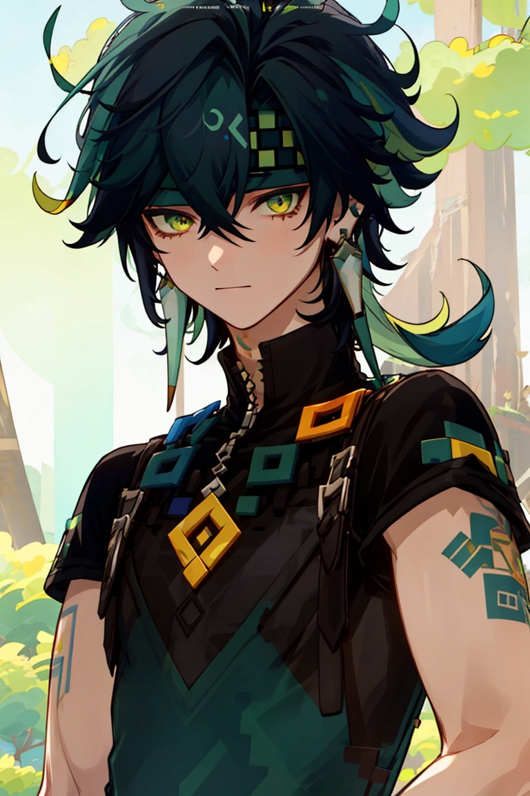 <lora:output_kinich:1>,1boy,male focus,jewelry,solo,earrings,looking at viewer,short sleeves,bangs,headband,shirt,black shirt,black hair,hair between eyes,tassel,yellow eyes,tattoo,closed mouth,upper body,tassel earrings,multicolored hair,green hair,green eyes,(forest),from_below,(outdoors),