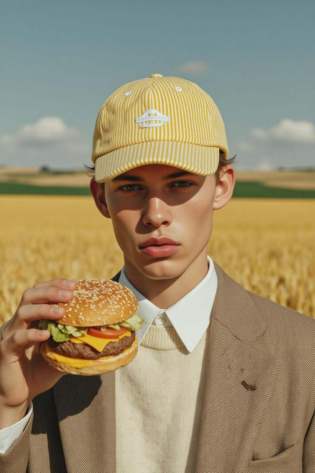 midjourney photograph.A young Dutch man is wearing a yellow and white striped cap with a logo on the front,  a light brown...