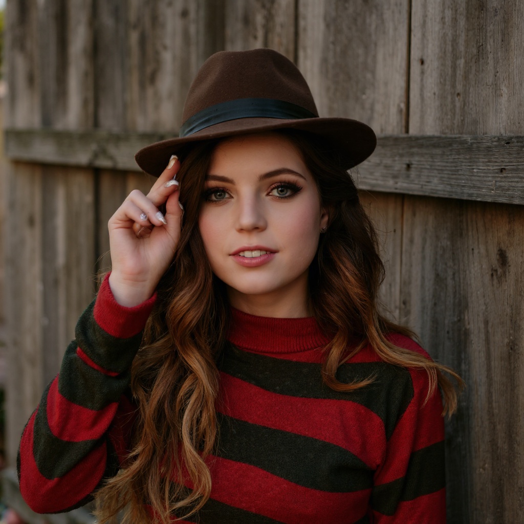 A portrait of sydney_sierota in a cosplay costume,  set against a rustic wooden fence. She wears a red and green striped s...