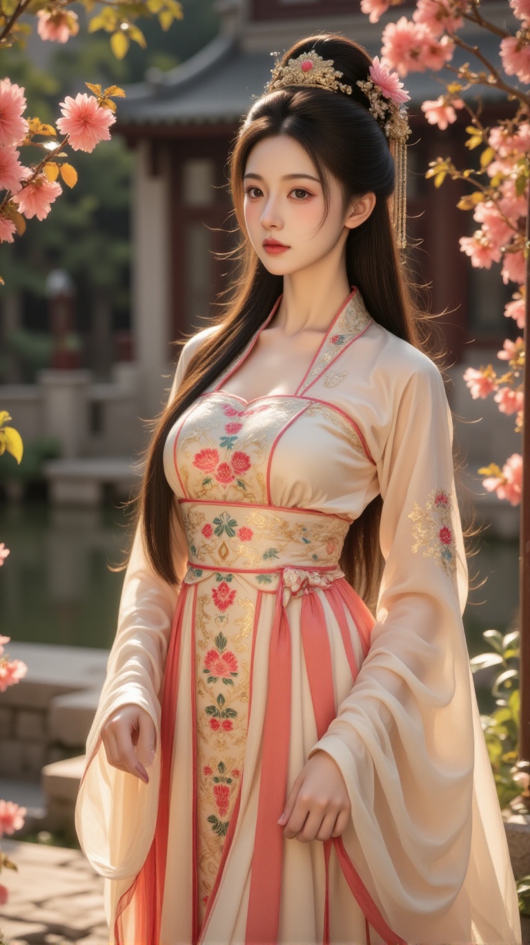 A close up of serene woman adorns a majestic park setting,  dressed in an exquisite ancient Chinese attire on Tensor.Art