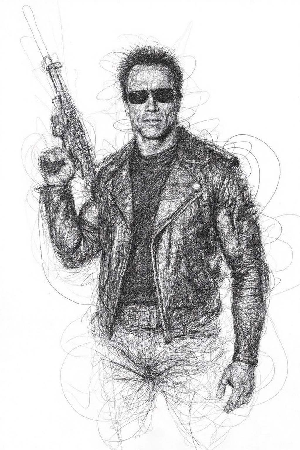 Drawing portrait of Arnold schwarzenegger as the Terminator,  holding a shotgun. on Tensor.Art