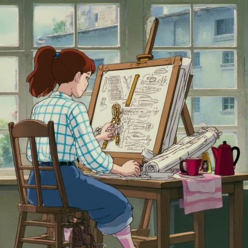 ghibli style image of a young woman with auburn hair in a ponytail,  wearing a blue and white checkered shirt with puffy b...