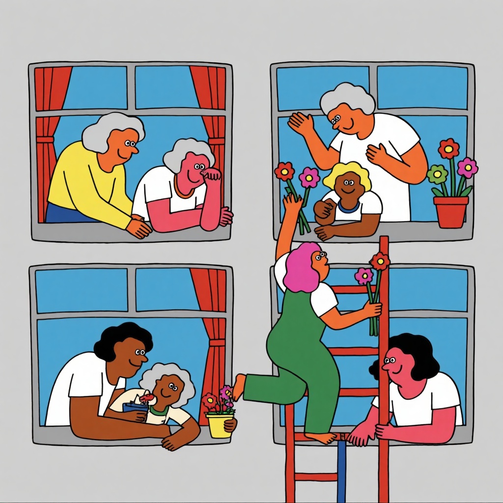 A colorful,  cartoon-style drawing depicts four elderly women with diverse skin tones and hairstyles,  each in a window on...